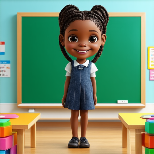 jeune fille noire de 10 ans, vêtue d'un uniforme scolaire des tresses africaines, debout souriante et concentrée devant un tableau noir rempli de regles d'orthographe en français  dans une salle de classe ensoleillée et colorée avec des bureaux en bois et des affiches éducatives sur les murs