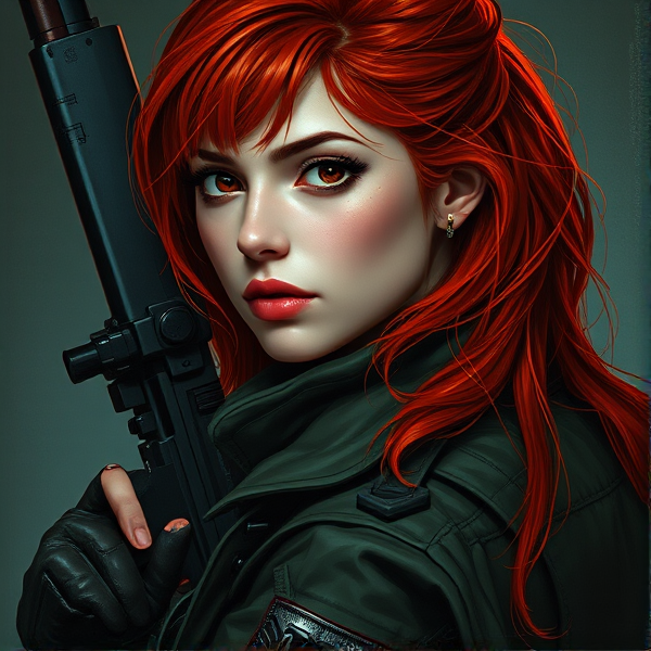 a red head girl, serious expression, using a militar heavy coat,  carrying a technologial sniper rifle on her back, cyberpunk style