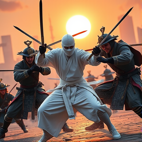 The white ninja battling the other 3 samurais trying to defeat them with other samurais in the distance coming to help at the middle of the day with a shining sun