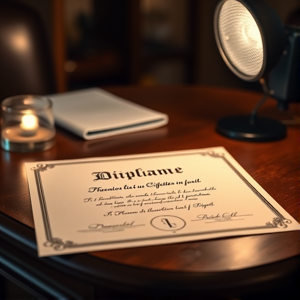 Diplôme écrit en français posé sur une table