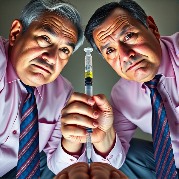 Deux hommes d'affaires chinois âgés sont accroupis côte à côte. Ils portent des longues cravates soyeuses aux motifs de rayures bleues et rouges, nouées parfaitement. Ils regardent droit dans l'objectif avec assurance, affichant des expressions graves et concentrées sur leurs visages éclairés. Chacun tient fermement une seringue hypodermique  plantée dans ce qui semble être une tête hors champ. La prise de vue en contre-plongée accentue leur stature dominante et imposante. Leurs chemises sont d'une teinte subtilement rose, apportant un contraste raffiné à leur tenue formelle. Les sourcils froncés et le regard perçant donnent à leur apparence un air intimidant qui évoque une certaine froideur implacable. Ensemble, ils pressent la seringue avec force, suggérant une destruction métaphorique du "cerveau" auquel elle est appliquée
Cravates entièrement visible