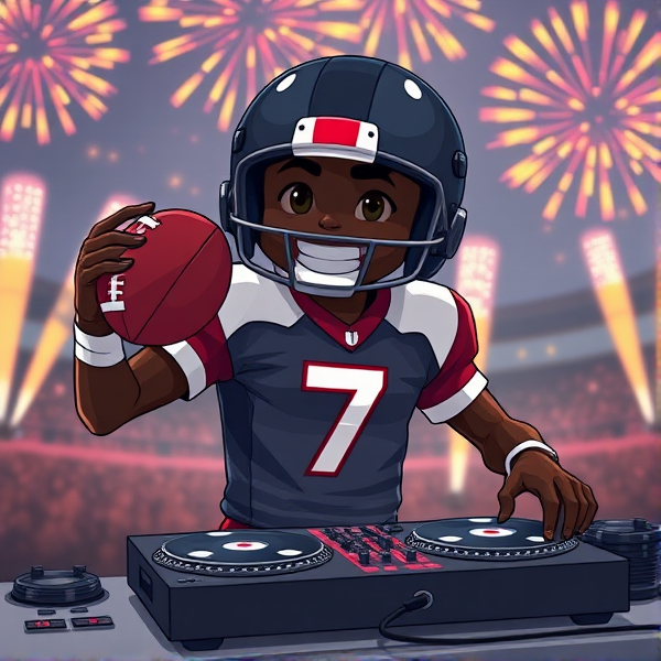 Animated black quarterback wearing number 7 jersey for Houston texans holding a football and DJing with turntables. Pyrotechnics and lights in background