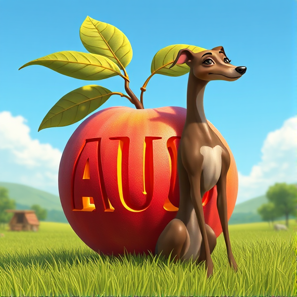 Big ripe peach in the landscape with the letters "AUO" carved out. with a sleek brown Italian greyhound perched alongside, set against a clear blue sky.
