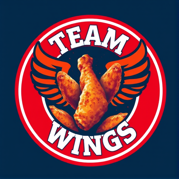 Logo rond d'un club de foot nommé Team Wings avec des ailes de poulet bien cuites et appétissantes dedans