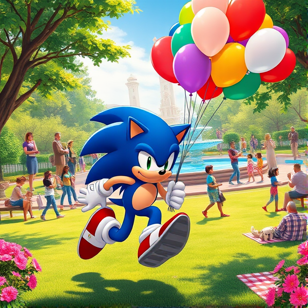 Sonic the Hedgehog captured mid-stride in a dynamic stand pose, and helium gas cylinder tank with his iconic blue quills trailing behind him. He's  gripping and vivid collection of assorted balloons—450 in total, each measuring 16 inches. The balloons are in various shades and have a shimmering sheen to them, reflecting the sunlight. Sonic is sporting his red shoes with white stripes and gold buckle, which blur slightly from his incredible speed. The bustling park around him is alive with activity; there are children playing on swings, couples walking dogs of various breeds, street performers juggling and people picnicking on checkered blankets. Lush green trees dot the landscape, their leaves rustling gently in the breeze, and vibrant flower beds add pops of color throughout the scene. In the background stands an elaborate fountain cascading water into a clear blue basin. All elements are illustrated in a richly saturated anime art style that emphasizes bold lines and dramatic lighting to enhance the dynamic nature of Sonic's movement