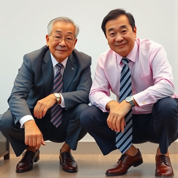 Deux hommes d affaires japonais senior accroupis qui regardent la caméra 
Chemise rose et longue cravate rayée large