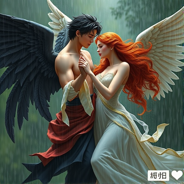 Black haired Male angel and red haired female angel dance in the rain