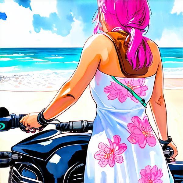 Aquarelle : Femme avec des cheveux rose fuchsia sur une harley noir roule sur le plage. elle porte une robe blanche à grosse fleur rose layette et un sac banane à main en cuir marron lanière rose et bleu et vert porté en bandoulière
