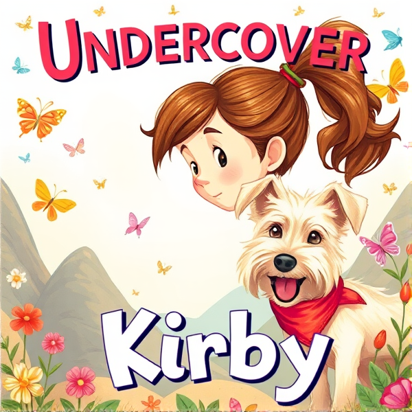 Bright and whimsical book cover design featuring a 10 year old with brown ponytail with red ribbon as the protagonist on an adventurous journey, bursting with vivid colors and elements that appeal to 10-year-old girls such as butterflies and pretty birds, and friendly cream long haired scruffy small terrier dog with long hanging ears and red bandana around neck looking happily at protagonist.. The artwork should capture the essence of a childlike wonder and the excitement of exploration, ideally incorporating symbols of adventure like compasses, binoculars, or hidden paths. The typography should be bold and inviting, resonating with young readers' imagination and sense of fun. The title is: Undercover Kirby. The style should realistic hand drawn illustration