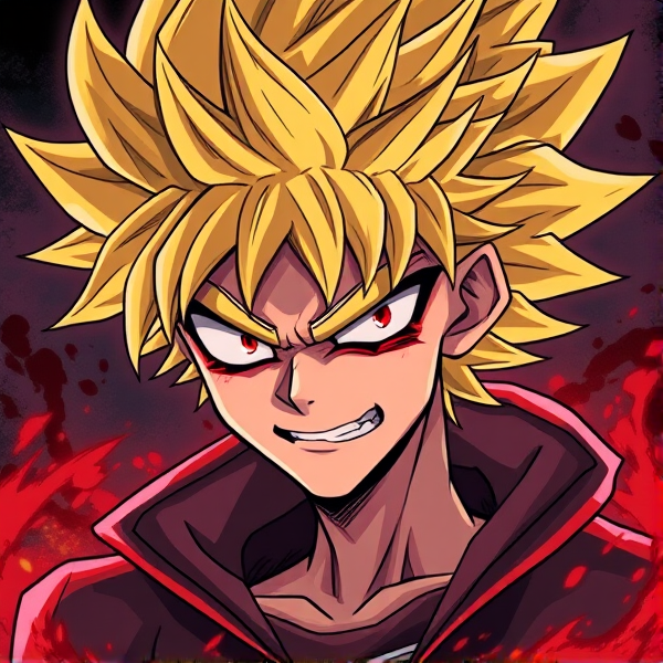 Create a image in the style of "My Hero Academia" featuring an original male character around 15 years old, who exudes a palpable sense of malevolence. He should have vibrant, spiky, jagged blonde hair that embodies his evil nature.