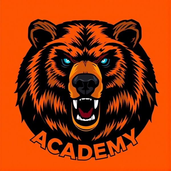 Create a highly detailed and sophisticated logo for a soccer team, prominently featuring an intense grizzly bear at its center. The bear should be depicted in a powerful stance, muscles tensed, with sharp pale blue eyes that convey a piercing sense of focus and determination. Its expression must be threatening yet noble, embodying the raw strength and agility of the team it represents. The fur of the grizzly bear should have intricate texturing to give a sense of vibrancy and life-like quality.

The primary colors for this logo are vivid orange and deep black which should be utilized in a dynamic interplay that accentuates the team's ferocious energy and indomitable power. These colors may highlight the bear's features, create striking contrasts, or be woven into other elements of the logo to establish visual harmony.

'Tilt Academy' is to be incorporated into the design, arching gracefully above the grizzly or encircling it in a manner that balances well with the central imagery. The font used for 'Tilt Academy' must be distinctive and handcrafted in style, exuding exclusivity and prestige while still being legible. This lettering should merge seamlessly with the graphic elements of the logo without overpowering them.

Special attention must be given to ensure every aspect of the logo is crisp and clearly defined to project a professional image. A touch of creative flair is encouraged to set apart this emblem as unique and memorable within its field.

A non-circular emblem shape can add an edge to the overall design, hinting at innovation and modernity aligned with contemporary sports branding trends.

Ensure all elements are proportional and aesthetically pleasing, keeping in mind that this logo will represent Tilt Academy across various platforms and merchandise.