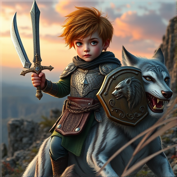 A valiant young child with unruly, chestnut-colored hair and distinctive white tiger attributes, such as elegantly striped cheeks akin to the majestic feline and sharply pointed ears that hint at a feral lineage, stands heroically. The child's expression is one of fierce determination, their bright eyes gleaming with the spark of adventure. Clad in a scaled armor that glints like droplets of dew under the morning sun, adorned with subtle patterns reminiscent of ancient heraldry, the child wields an ornate sword that catches light on its engraved blade. The hilt is jeweled and crafted to fit the small but confident grip of a burgeoning warrior. In the other hand, they hold a sturdy shield made from the finest wood and reinforced with iron; its surface bears the proud emblem of a roaring tiger wrought in exquisite detail, symbolizing strength and courage. Astride upon a noble dire wolf whose fur is an intricate weave of grays and whites, each strand detailed enough to be individually appreciated — a wild tapestry of nature's raw beauty — they survey their surroundings. The wolf's eyes are piercingly intelligent and aware; its stance powerful yet elegant atop a craggy terrain scattered with stone outcroppings and resilient flora eking out existence amongst them. This land whispers tales of bygone heroes and adventures yet untold; it’s an ancient place where legends come alive under the vast sky painted with hues of twilight's last glory