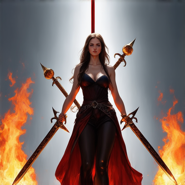 Trois épées croisées en leur centre et représentant chacune un élément, une de feu, une de terre, et une de vent . L'épée du milieu représentant l'élément du feu est placée verticalement. L'épée représentant l'element de la terre de manière féminine, elle est placée avec un angle 315 degrés par rapport à l'épée verticale représentant le feu. L'épée représentant l'élément du vent est placée 45 degrés par rapport à l'épée verticale représentant l'element du feu. Les épées sont de style médiéval européen et ont leur pommeau vers le haut. L'image doit être réaliste.