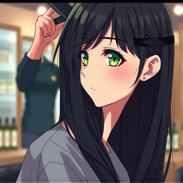 Girl with long black hair and green eyes getting her hair cut in a salon