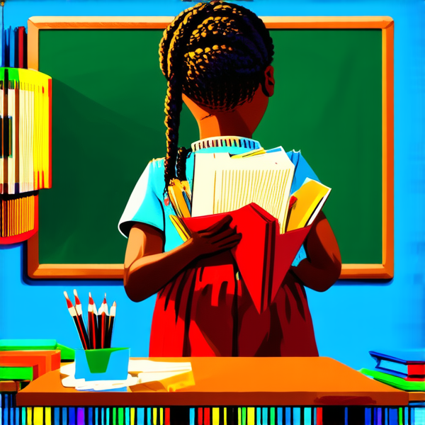 A 8 year-old African girl with intricate braided hair, standing confidently in a vibrant classroom environment, holding notebooks in her hands while facing a chalkboard filled with educational content