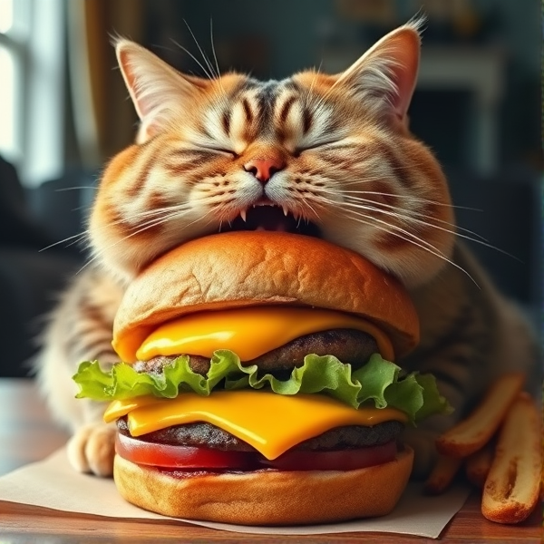 A cat so fat they are as big as a house and they are eating a massive hamburger