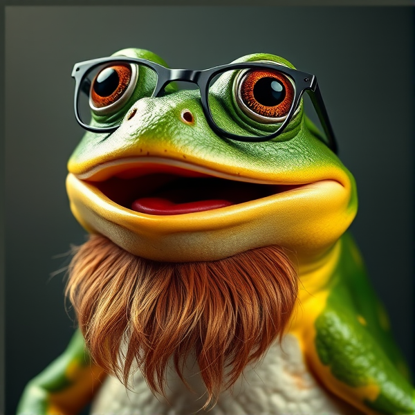 Frog with open mouth, glasses and a big beard