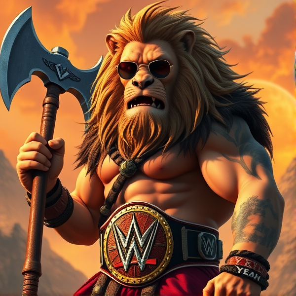 Un Lion barbare dieux du soleil une hache, avec des poils de lion et une carrure imposante et avec la ceinture de la wwe le catcheur et ces lunettes de soleil, il a un tatoo sur le bras écris YEAH!