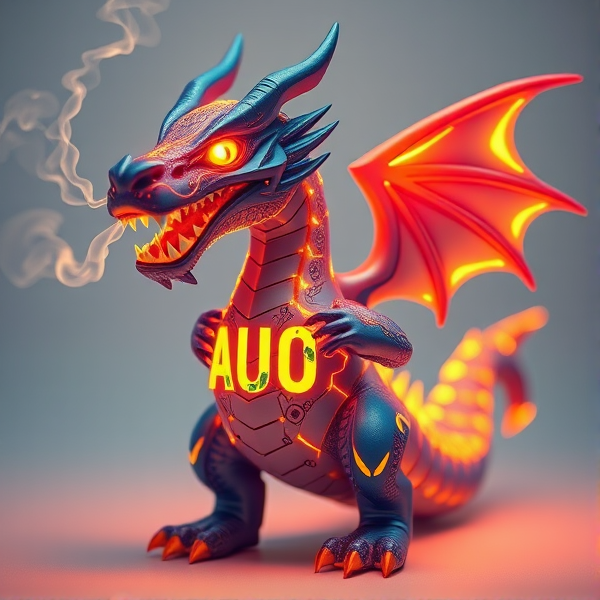 dragon, its sleek,  The acronym "AUO" stands prominently on its chest, casting an intense, fiery glow that pulses with raw energy and illuminates the complex network of circuitry etched into its hide. Digital smoke curls from the creature's nostrils as it emits a thunderous roar, unveiling fangs charged with electrical energy. Include the Ukrainian flag as a mark of respect and solidarity