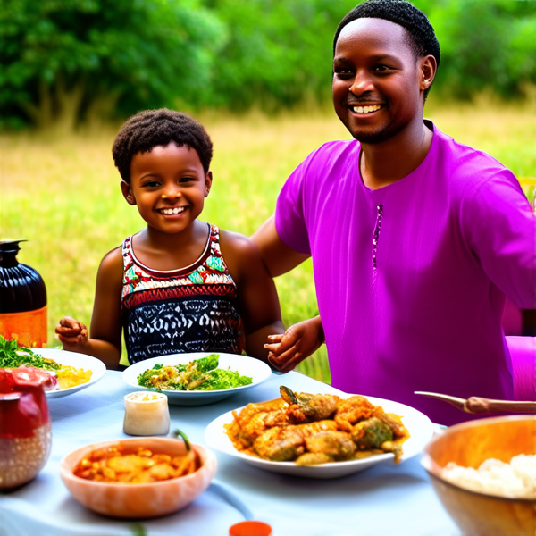 repas en famille traditionnel en extérieur avec des plats africains, sourires, habits colorés, nature environnante