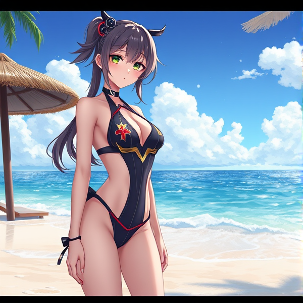 Genshin Impact Dehya at the beach in a swimsuit, less revealing and less sexy