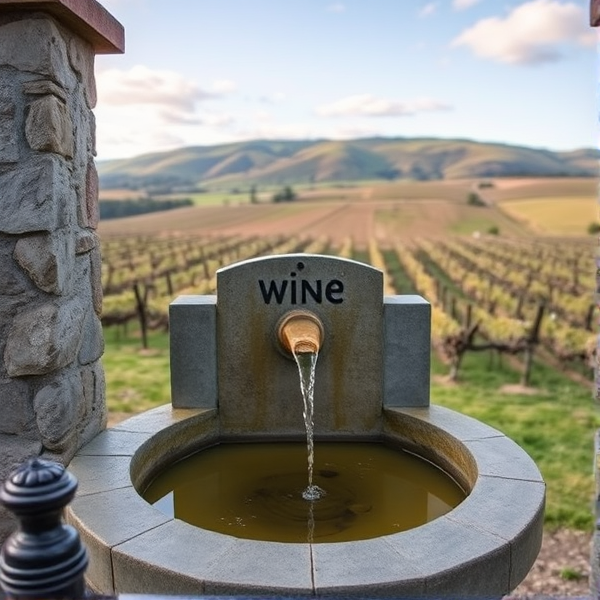 A drinking fountain that disperses wine instead of water. The fountain is made out of limestone and is located in the middle of the rolling hills of North Canterbury, specifically Greystone vineyard. Make the wine yellow coloured and the image from a distance. Make it say on the fountain “wine”. Make it look less dirty