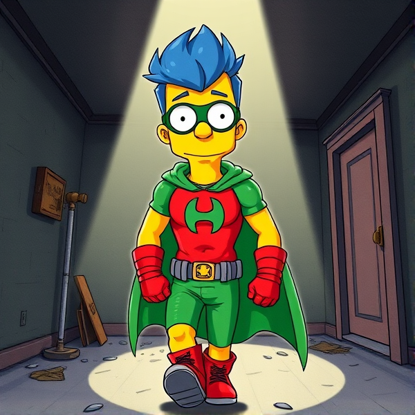 Milhouse Van Houten from The Simpsons, with his yellow skin, really big round nose, and blue hair that's slicked back at the top, but as an 18-year old teenager, dressed as a parody of Robin, The Boy Wonder, with an extremely muscular torso and arms, a green bodysuit with a red torso adorned with a green H symbol on his chest, a grey utility belt, red boots, red long-cuffed gloves, a big green cape, and a green eye mask with optical lenses in it, now known as Houseboy, The Nerd Wonder, the other half of Springfield's Dynamic Duo, and one of the greatest vigilante superheroes ever known in Springfield. He is currently walking through an abandoned house at night, looking for clues to the mystery he is trying to solve. (EXACTLY AS I DESCRIBED.)