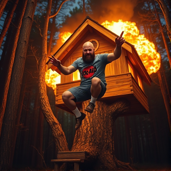 A bald 300 lb man with a beard wearing cargo shorts, a kool-aid man shirt, white socks, sketchers shoes, jumping out of an exploding tree house, night time, the woods, action sequence, 4k, explosion in the back ground,