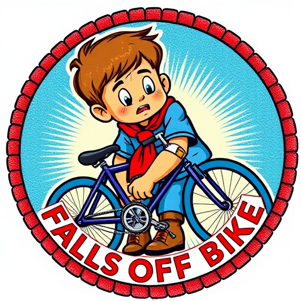 Highly detailed, vibrant illustration of a round Boy Scout merit badge, featuring a stylized comic scene where Arjun, a boy, is depicted having just taken a minor tumble from his bicycle. He appears slightly disconcerted but unharmed, with an adhesive bandage on his elbow as the focal point. Encircle the scene with the words “Arjun Falls Off Bike”. Ensure clarity and legibility throughout the design.