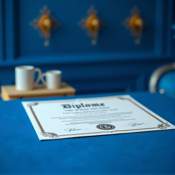Diplôme écrit en français posé sur une table  bleue