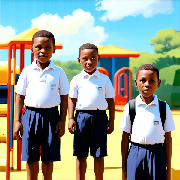 bâtiment d'une école primaire traditionnelle avec cours de récréation, enfants noirs africains en uniforme scolaire chemise blanche et pantalons bleu marine avec des cartables