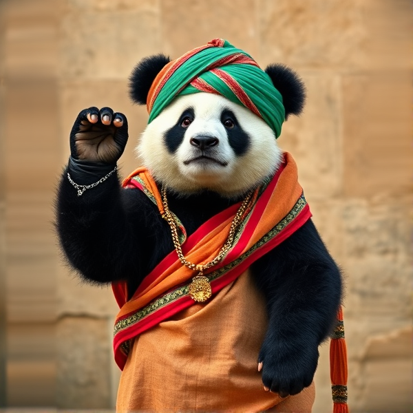 Un panda e qui porte un turban, des claquettes et une jellaba marocaine