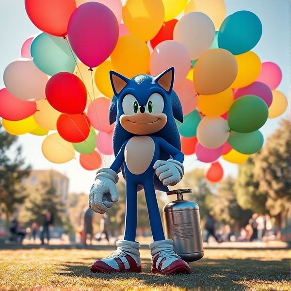 At the sunny day park Sonic standing pose hold helium gas cylinder tank and big bunch of many colorful 16 inch balloons 450 each