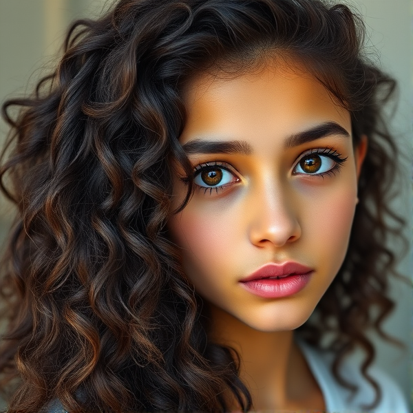 A 17 yearold girl with long naturally super curly dark brown hair, short eyelashes,  brown eyes, medium natural curved eyebrows, medium natural thick light pink lips, slight tan skin, . In high realism