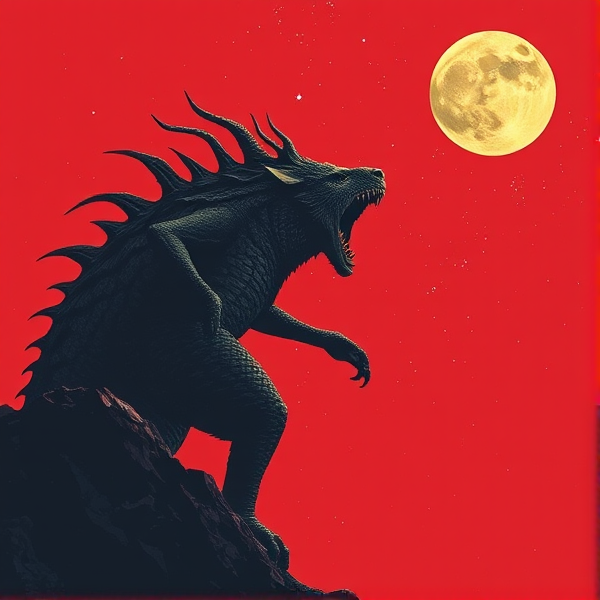 Red background a giant creature looking over the moon and the stars