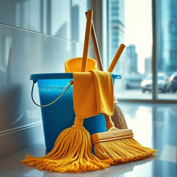 A meticulously arranged cleaning corner in a brightly lit room, featuring a shiny blue bucket filled with crystal-clear water, a neatly folded yellow mop resting beside it, a stiff-bristled scrub brush, and an upright broom with clean, natural straw bristles set against the wall. Soft shadows accentuate the textures of each object and the clean, tiled floor reflects the ambient light