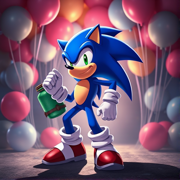 Sonic the Hedgehog in a dynamic stance with a helium tank, amidst balloons