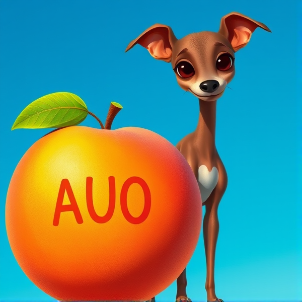 A luscious, oversized peach covered in barely noticeable peach fuzz with the letters "AUO" branded vividly on its sun-kissed, velvety skin. Beside it stands an elegant brown Italian greyhound with a glossy coat and refined posture, ears perked attentively. Both are set against a vibrant clear blue sky backdrop, accentuated by the gentle radiance of the afternoon sun