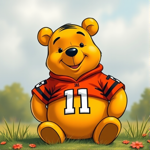 Pooh bear wearing a bengals jersey
