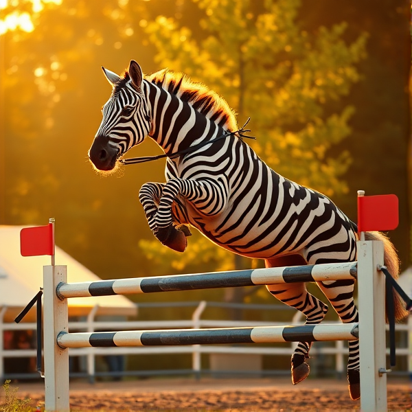 zebra jumping over a showjump with a teenage girl and a neckrope around its neck