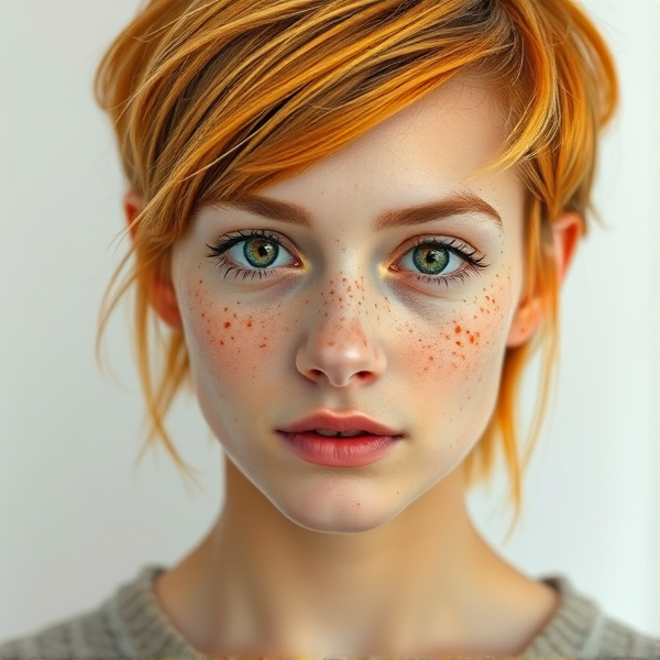 16 year old girl, natural short orange layered hair, hazel doe eyes, lots of orange freckles, natural eye brows, thinner pale lips longer eye lashes, pale skin color