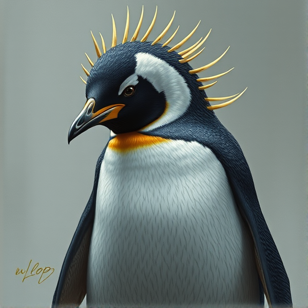 penguin body with pufferfish spikes on the body in a pufferfish face
