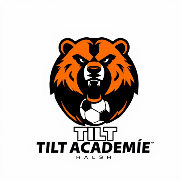 Conception d'un logo rond et percutant pour 'Tilt Académie', école de football. Au coeur du design, un ourson grizzly dessiné avec une précision extrême et un sens artistique raffiné, incarnant la puissance et la ténacité. Il est entouré par des éléments graphiques abstraits qui évoquent dynamisme et passion pour le football : des lignes fluides et rapides ainsi que des formes géométriques vibrantes et énergiques. La palette de couleurs est dominée par un orange vif et un noir intense, offrant un contraste frappant. Le design doit se démarquer en capturant l'essence du jeu compétitif avec l'ourson prêt à se lancer dans l'action. Le nom 'Tilt Académie' s'intègre harmonieusement autour de l'élément central dans une police moderne et saisissante. Un ballon de football est intelligemment incorporé au logo afin d'en souligner l'appartenance au monde du football. L'esthétique générale doit allier tradition sportive à une touche innovante, rendant le logo idéal comme emblème d'un club sportif.Plus orange que de noire