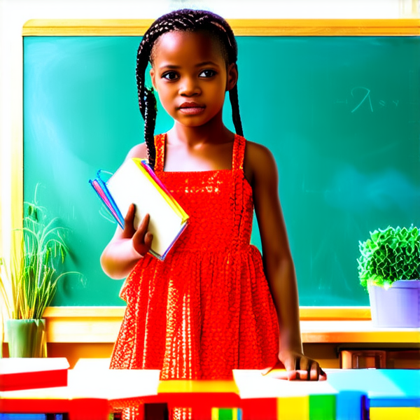 A 8 year-old African girl with intricate braided hair, standing confidently in a vibrant classroom environment, holding notebooks in her hands while facing a chalkboard filled with educational content