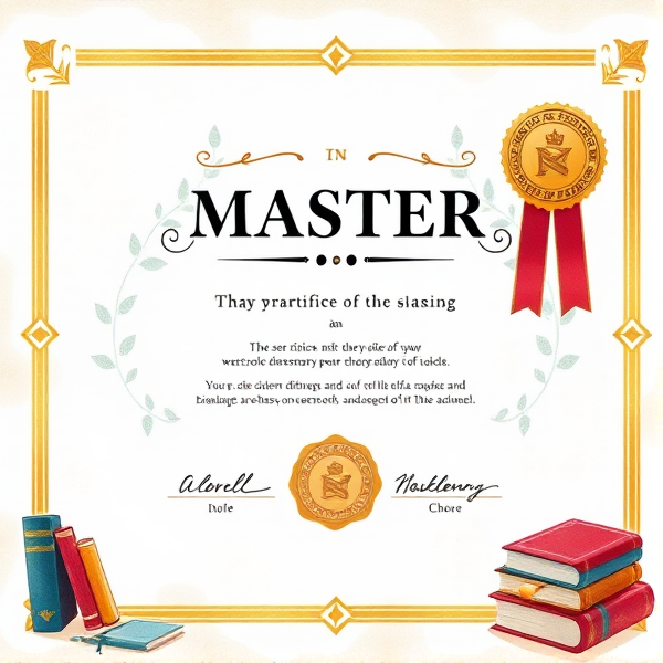 Prompt: Diplôme de Master élégant avec des bordures dorées sophistiquées, un sceau officiel en relief, une typographie classique et claire sur un fond en parchemin texturé, le tout présenté dans un cadre académique avec des livres et des symboles éducatifs