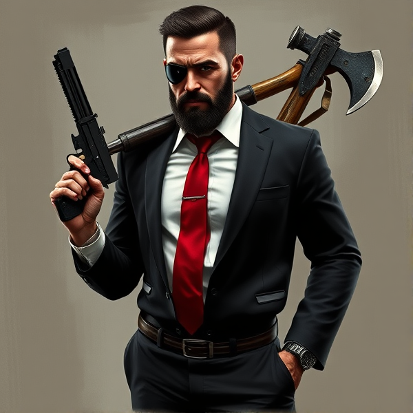 Create an intricately detailed, full-body portrait of John Abraham Marston, the epitome of a rugged, elite operative. His hair is a sharp, jet-black military cut, complemented by a precisely shaped beard along his jawline that underscores his stoic endurance. An advanced tactical eyepatch conceals his left eye, with a deep scar below it marking a history of intense combat and partial sight loss. Exuding an effortless command presence, he stands in a tailored white shirt tucked into sleek black trousers supported by glossy leather suspenders. A striking red tie provides a dash of vibrancy to his attire. The outfit is completed with an elegant black blazer tailored with hidden Kevlar lining for unobtrusive protection – indicative of the perilous nature of his profession. Polished dress shoes convey the gravity of his role. John Marston's readiness for confrontation is apparent through the Desert Eagle featuring a black and custom green laser sights for unrivaled precision. Crossed on his back are his trusted melee weapons: a sharp katana and a heavy-duty fireman's axe representing his preparedness for close-quarters battle. These details reflect his dedication to "the agency," tasked with clandestine operations even as he copes silently with alcoholism to dull the edge of PTSD from past service encounters. Visible on his left arm are sophisticated cybernetic implants – remnants of former experimental augmentations