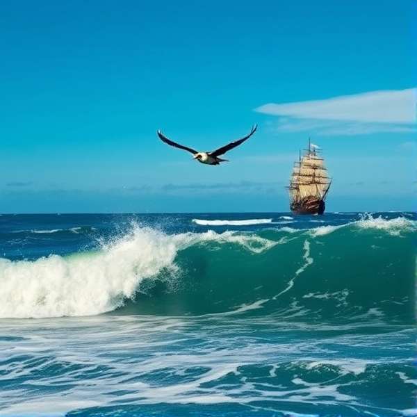A serene azure sky meeting the tumultuous ocean waves, with a majestic bird in mid-dive above the crests, and an old-world pirate ship sailing in the background