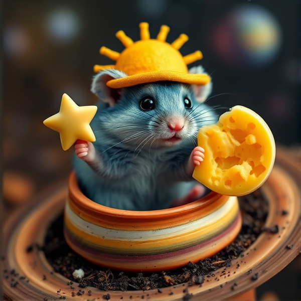 Hamster in a Saturn plant pot with potting soil and blue sparkly fur with sage green eyes with a sunshine hat in a galaxy holding a star and a moon made of Swiss cheese  in realism