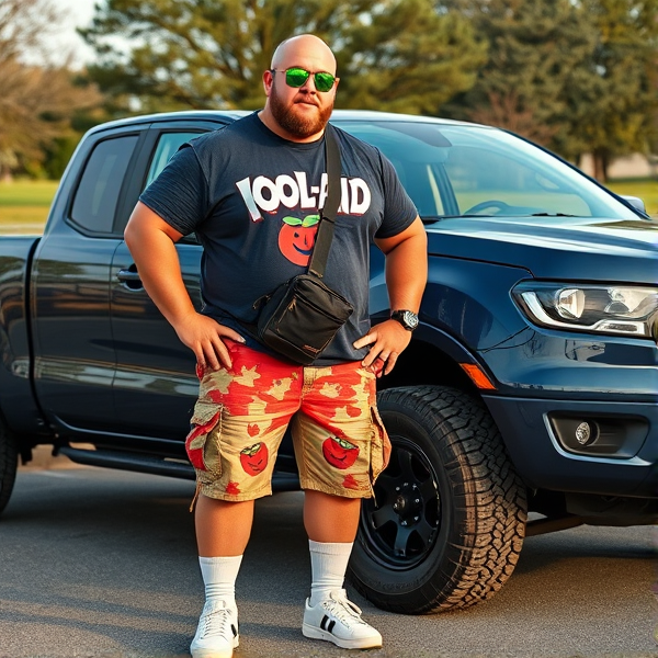 A bald 300 lb muscular man  wearing cargo shorts, a kool-aid man shirt, white socks, sketchers shoes, neon green sunglasses, cross body bag, standing next to a navy blue Ford ranger