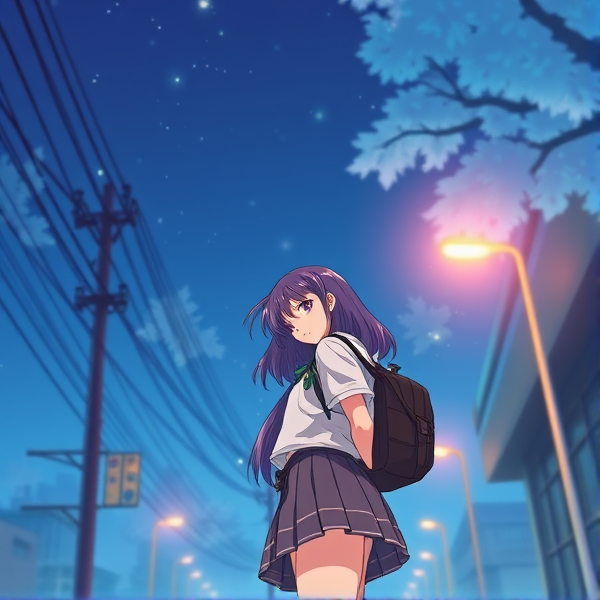 Anime style highschool girl standing above camera